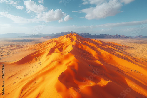A drone perspective of a desert landscape, showcasing the vastness and unique patterns of sand dunes stretching into the horizon. Concept of aerial desert exploration. Generative Ai. © Sebastian