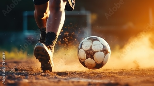 Close-up of a Leg in a Boot Kicking Football Ball. Professional Soccer Player Hits Ball © Vasiliy