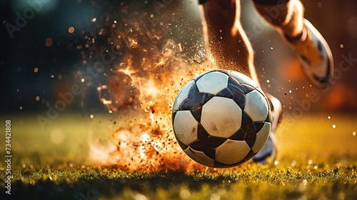 Close up of a soccer striker ready to kicks a fiery ball at the stadium photo