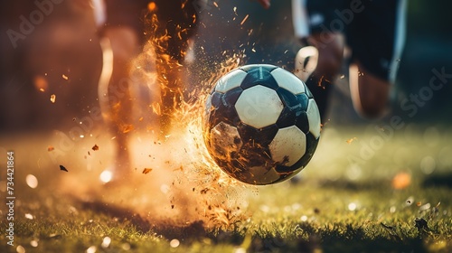 Close up of a soccer striker ready to kicks a fiery ball at the stadium photo