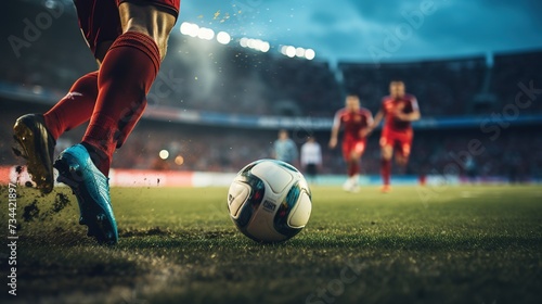 Close-up of a Leg in a Boot Kicking Football Ball. Professional Soccer Player Hits Ball photo