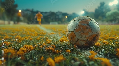 After game. Closeup soccer ball on grass of football field at crowded stadium