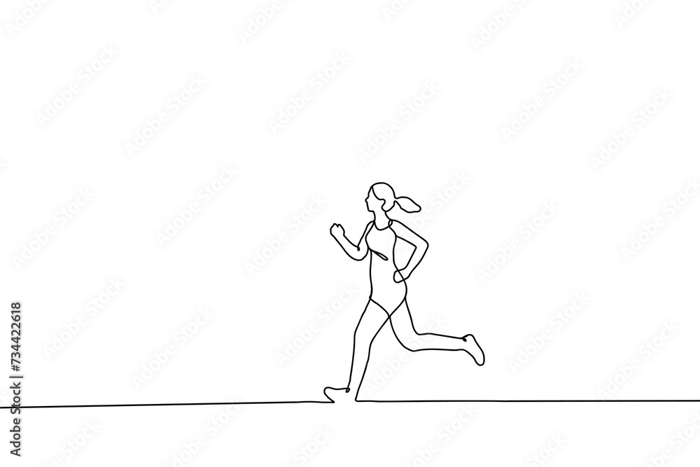 Continuous one drawn line silhouette of running athlete girl runner
