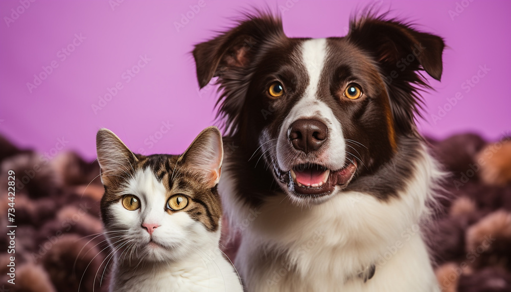 Fototapeta premium Cute puppy and playful kitten share charming friendship indoors generated by AI