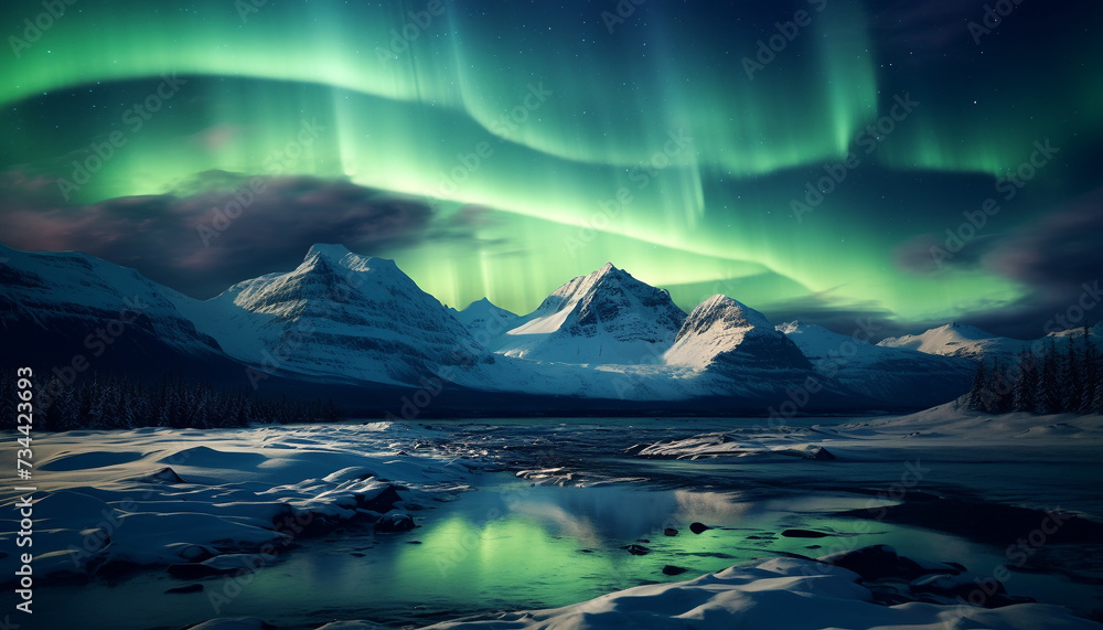 Majestic mountain peak reflects tranquil, illuminated winter night sky generated by AI