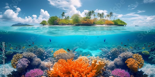 A tranquil paradise teeming with vibrant coral reefs, towering tropical trees, and crystal clear aqua waters, where the sky and sea merge in a breathtaking display of nature's beauty and the intricat © Martin
