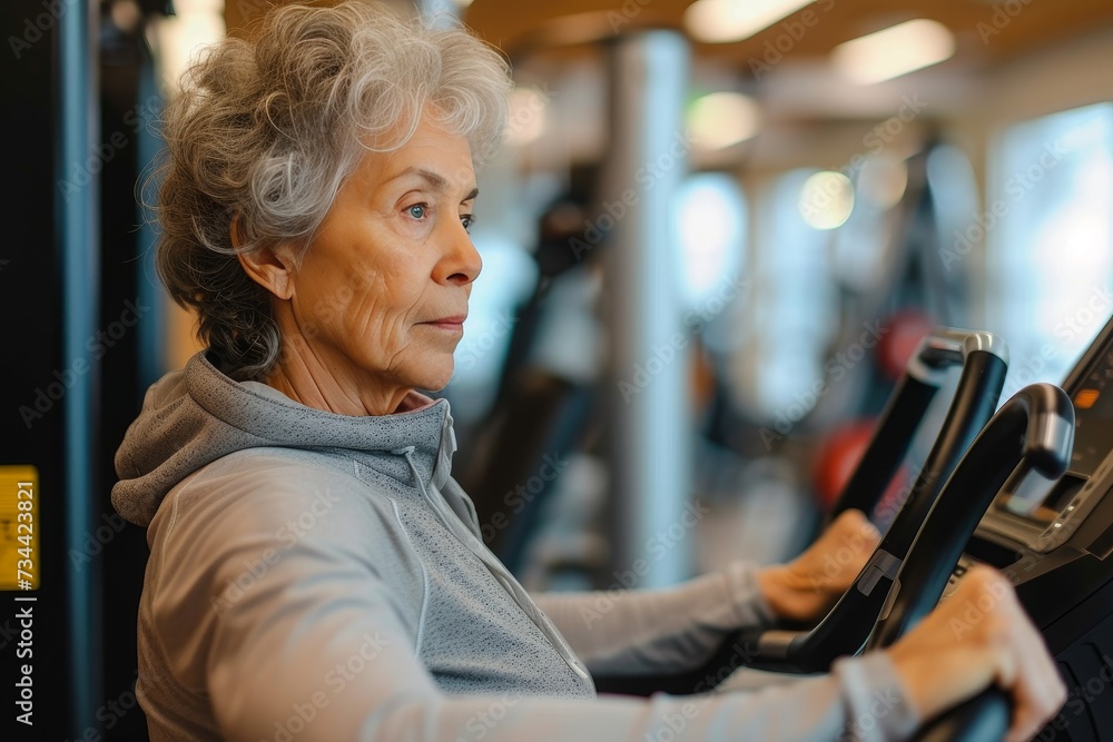 A determined woman in stylish workout attire with her hair pulled back holds onto her phone while working out on an indoor exercise machine in a busy store A determined woman in stylish workout attire with her hair pulled back holds onto her phone while working out on an indoor exercise machine in a busy store
