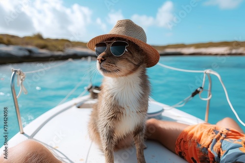 A cool and stylish cat enjoys a relaxing day on the lake, sporting a trendy sun hat and sunglasses as they cruise on a boat, soaking up the warm sun and feeling the wind in their fur