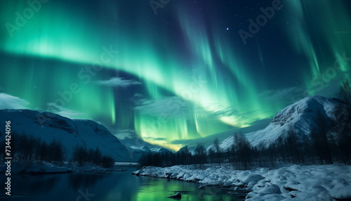Majestic mountain range illuminated by aurora  reflecting tranquil winter beauty generated by AI