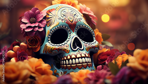 Spooky celebration Halloween death mask, colorful flower decoration generated by AI photo