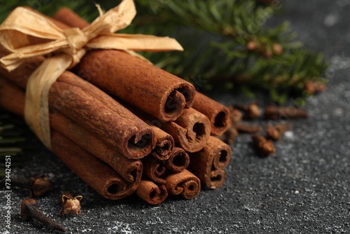 Different spices. Aromatic cinnamon sticks and clove seeds on dark gray textured table, closeup