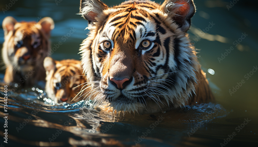 Obraz premium Majestic tiger staring, reflecting beauty in nature dangerous wilderness generated by AI