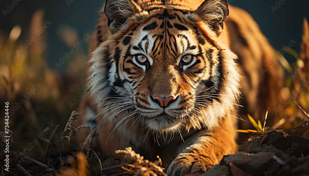 Majestic Bengal tiger staring, wild beauty in nature generated by AI Majestic Bengal tiger staring, wild beauty in nature generated by AI