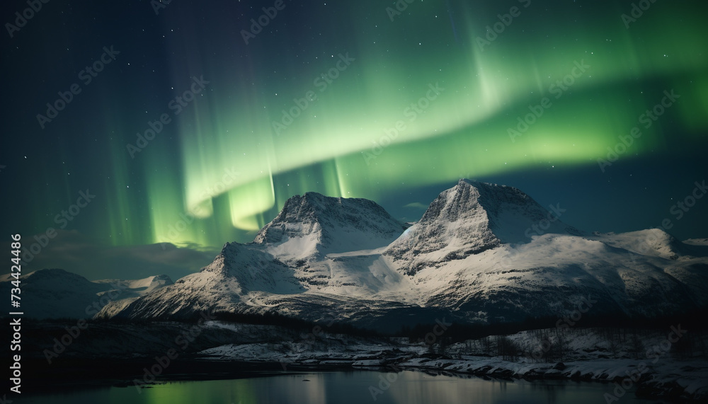 Majestic mountain peak illuminated by aurora in polar night generated by AI Majestic mountain peak illuminated by aurora in polar night generated by AI