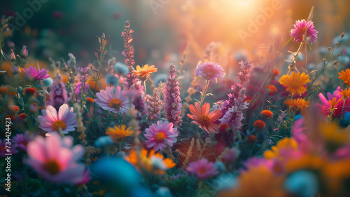 A diverse wildflower meadow glowing in the golden light of a setting sun  with a mix of vibrant colors and soft bokeh.