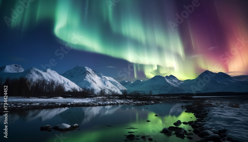 Majestic mountain range illuminated by aurora polaris at night generated by AI