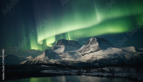 Majestic mountain peak illuminated by aurora in polar night generated by AI