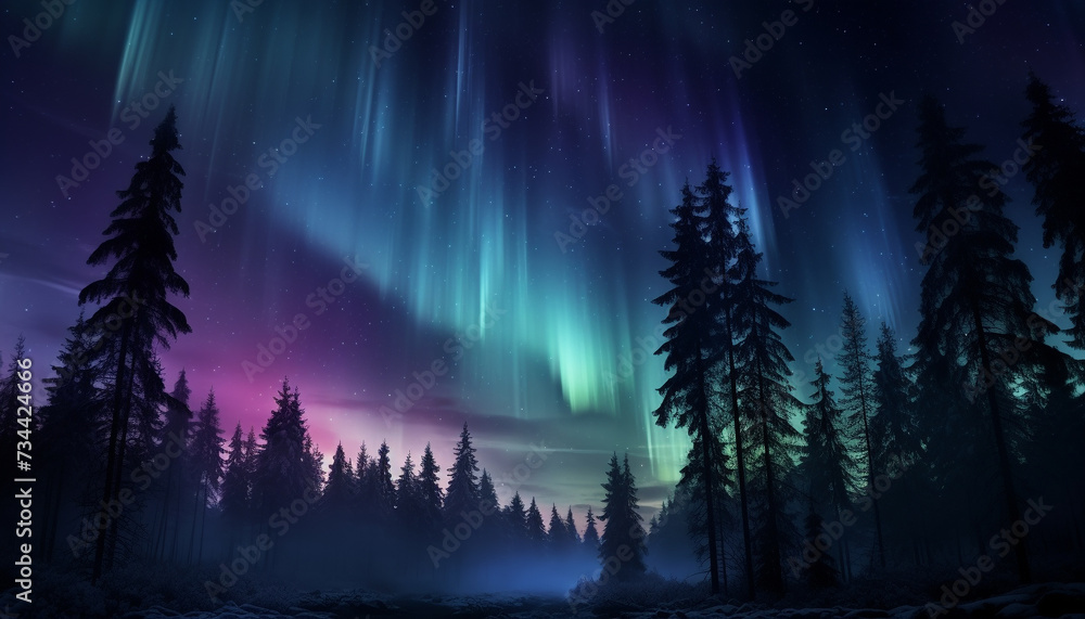 Majestic winter landscape dark forest, glowing star trail, tranquil scene generated by AI