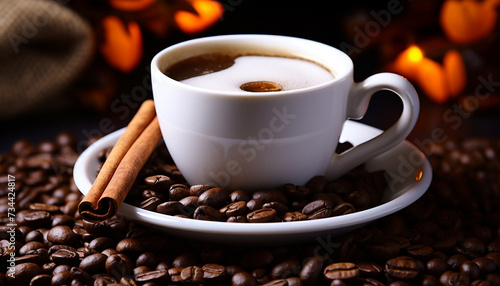 Freshly brewed coffee on a wooden table, steam rising invitingly generated by AI