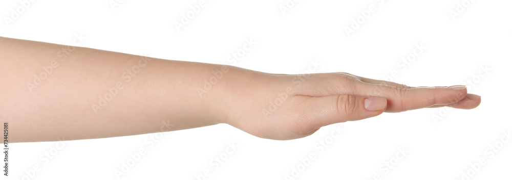 Playing rock, paper and scissors. Woman showing paper sign on white background, closeup Playing rock, paper and scissors. Woman showing paper sign on white background, closeup