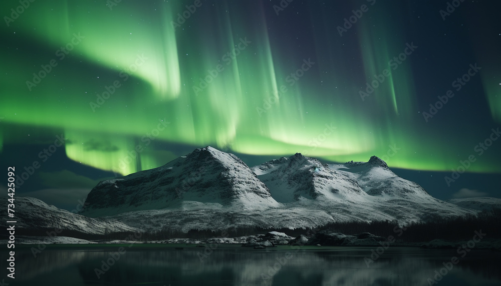 Majestic mountain range illuminated by aurora in arctic winter generated by AI