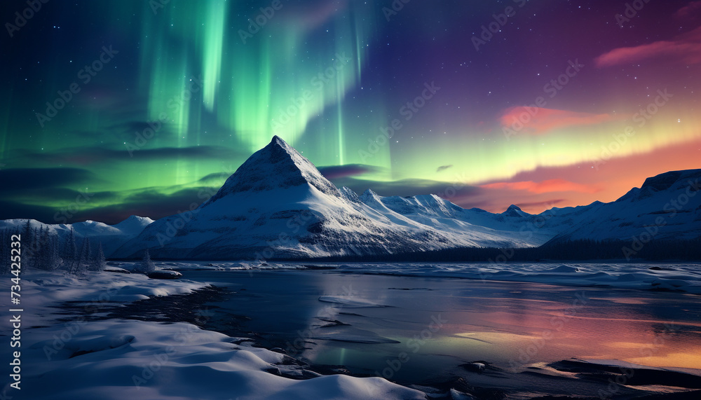 Majestic mountain peak illuminated by aurora in arctic winter generated by AI