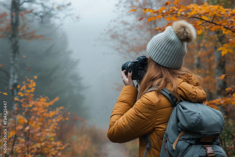 A woman, bundled in a cozy winter coat, captures the mystical beauty of the foggy autumn forest through her lens