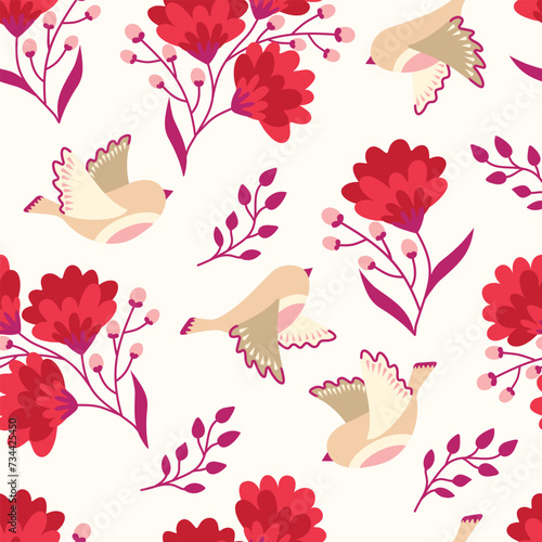 Red Floral and Birds Seamless Pattern