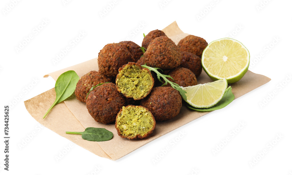 Delicious falafel balls, basil, arugula and lime isolated on white Delicious falafel balls, basil, arugula and lime isolated on white