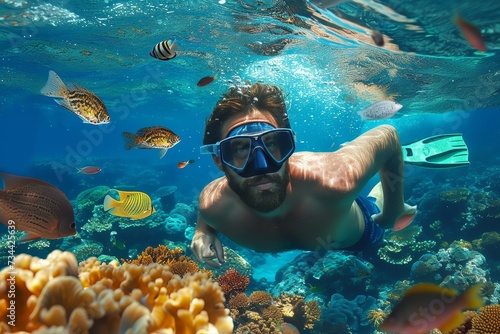 A marine biologist explores the vibrant coral reef, surrounded by schools of colorful fish as he gracefully swims through the crystal clear aqua water, equipped with his oxygen mask and diving gear