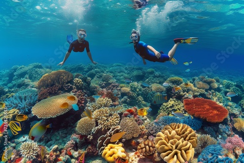 Amidst the vibrant hues of a thriving coral reef, two divers explore the underwater world, surrounded by schools of fish and swaying seaweed, a testament to the beauty and diversity of marine life
