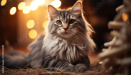 Cute kitten sitting outdoors, staring at camera with playful charm generated by AI