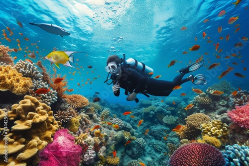 A majestic scuba diver explores the vibrant marine life amidst the colorful coral reef, surrounded by schools of fish and swaying seaweed in the crystal clear waters of the ocean