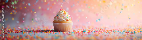 A single cupcake with a burning candle amidst a celebratory backdrop of glitter, bokeh, and colorful beads. Perfect for simple poster layouts.