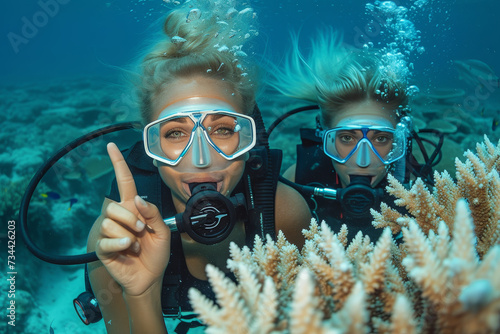 Two adventurous women explore the vibrant underwater world, surrounded by diverse aquatic organisms, as they gracefully glide through the clear blue water with their scuba gear and oxygen masks © LifeMedia