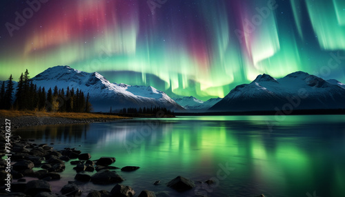 Majestic mountain peak illuminated by multi colored aurora in tranquil night generated by AI
