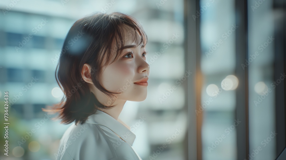 Young asian businesswoman standing near the window in workplace. Young asian businesswoman standing near the window in workplace.