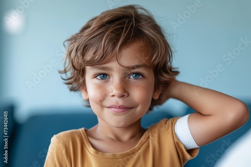 A young child with piercing blue eyes and a warm brown shirt gazes at the camera, their tiny hand resting against a white wall as they exude innocence and curiosity in this stunning portrait
