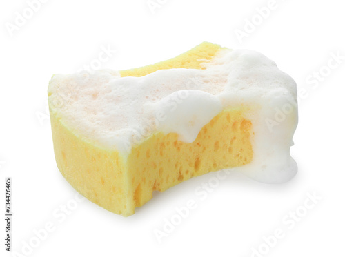 Yellow sponge with foam isolated on white