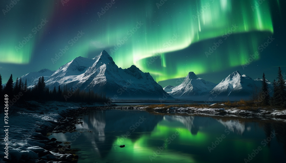 Majestic mountain range illuminated by Milky Way in tranquil night generated by AI Majestic mountain range illuminated by Milky Way in tranquil night generated by AI