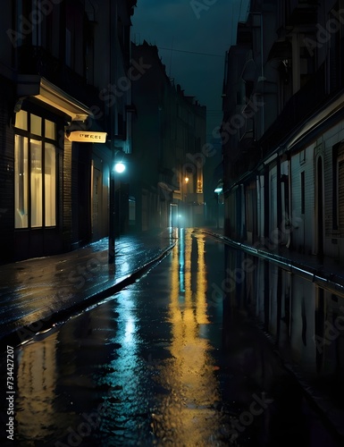 The streets below are slick with rainwater, reflecting the dim, melancholic glow of streetlights and creating a hauntingly beautiful sight Generative AI © Fazal