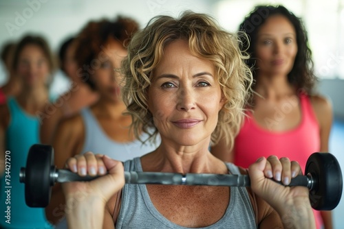 A determined woman leads a group of powerful individuals in an intense weightlifting session, pushing themselves to the limit in pursuit of physical and mental strength photo