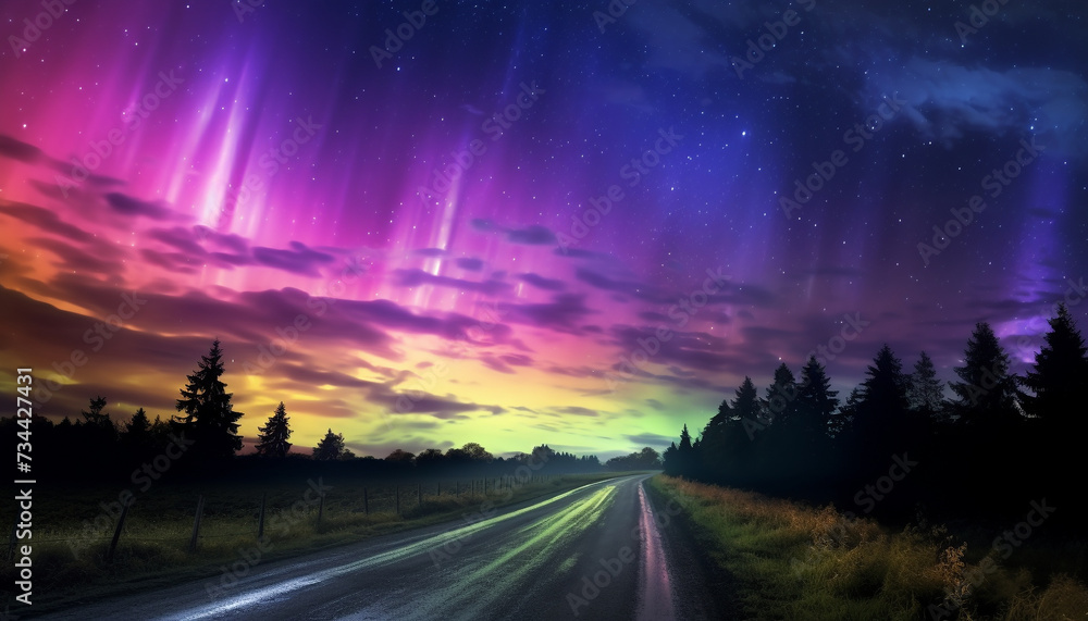 Travel through the dark, vibrant sky, a vanishing point generated by AI