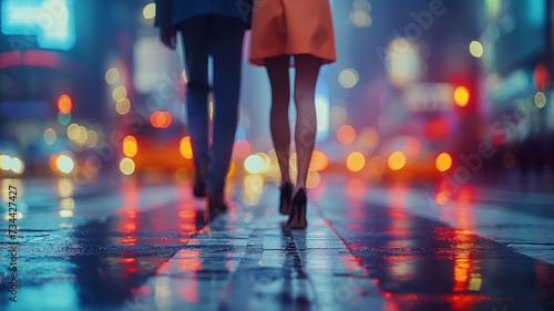 A couple walks forward under city lights