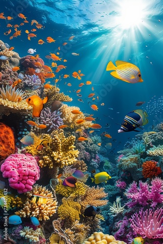 A vibrant community of fish dance amongst the colorful stony corals, creating a mesmerizing underwater oasis in this stunning marine biology display