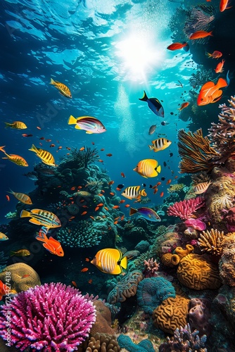 An immersive underwater scene captures the vibrant beauty and intricate ecosystem of a school of fish swimming among the colorful coral reef, highlighting the delicate balance of nature and the wonde