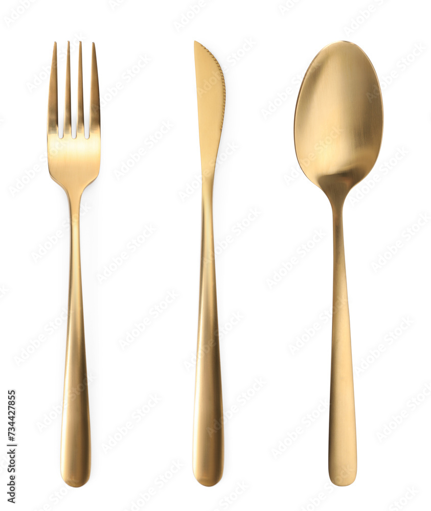 Golden fork, knife and spoon isolated on white, top view Golden fork, knife and spoon isolated on white, top view