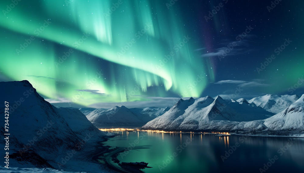 Majestic mountain peak illuminated by aurora, a winter adventure generated by AI