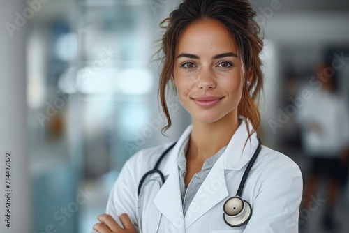 A confident woman in her white coat stands before a wall, her stethoscope a symbol of her caring nature and bright smile reflecting the compassion within her