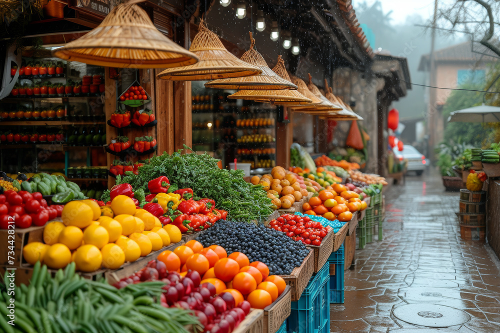 A lively outdoor market scene with stalls bursting with fresh produce in an array of vivid hues. Concept of a colorful marketplace fostering positivity. Generative Ai.